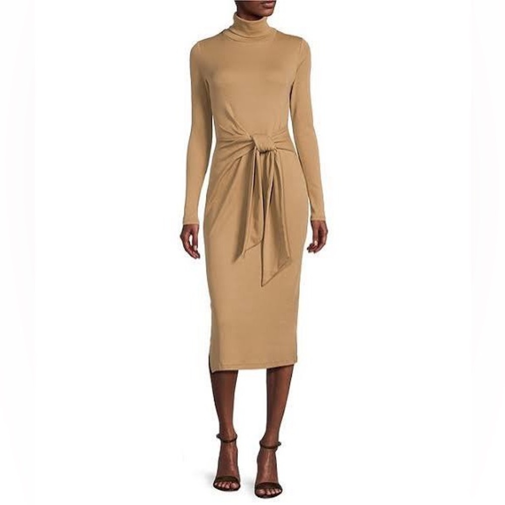 Ralph Lauren Tan Turtleneck Sweater Dress Tie Waist Long Sleeve Knit Size Small